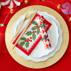 Holly Long Lunch Paper Napkins - 16 Pack