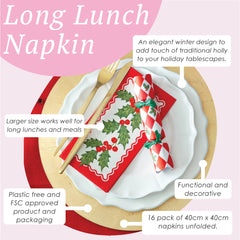 Holly Long Lunch Paper Napkins - 16 Pack