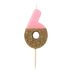 Pink & Gold Glitter Birthday Number Candle - 6