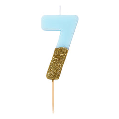 Blue & Gold Glitter Birthday Number Candle - 7