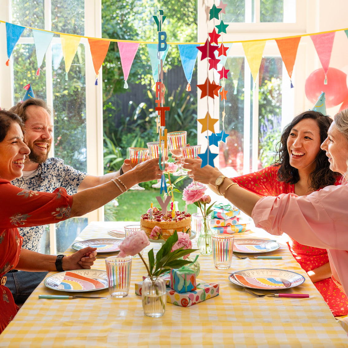 Bright Striped Multi-Coloured Wine Glasses - 6 Pack