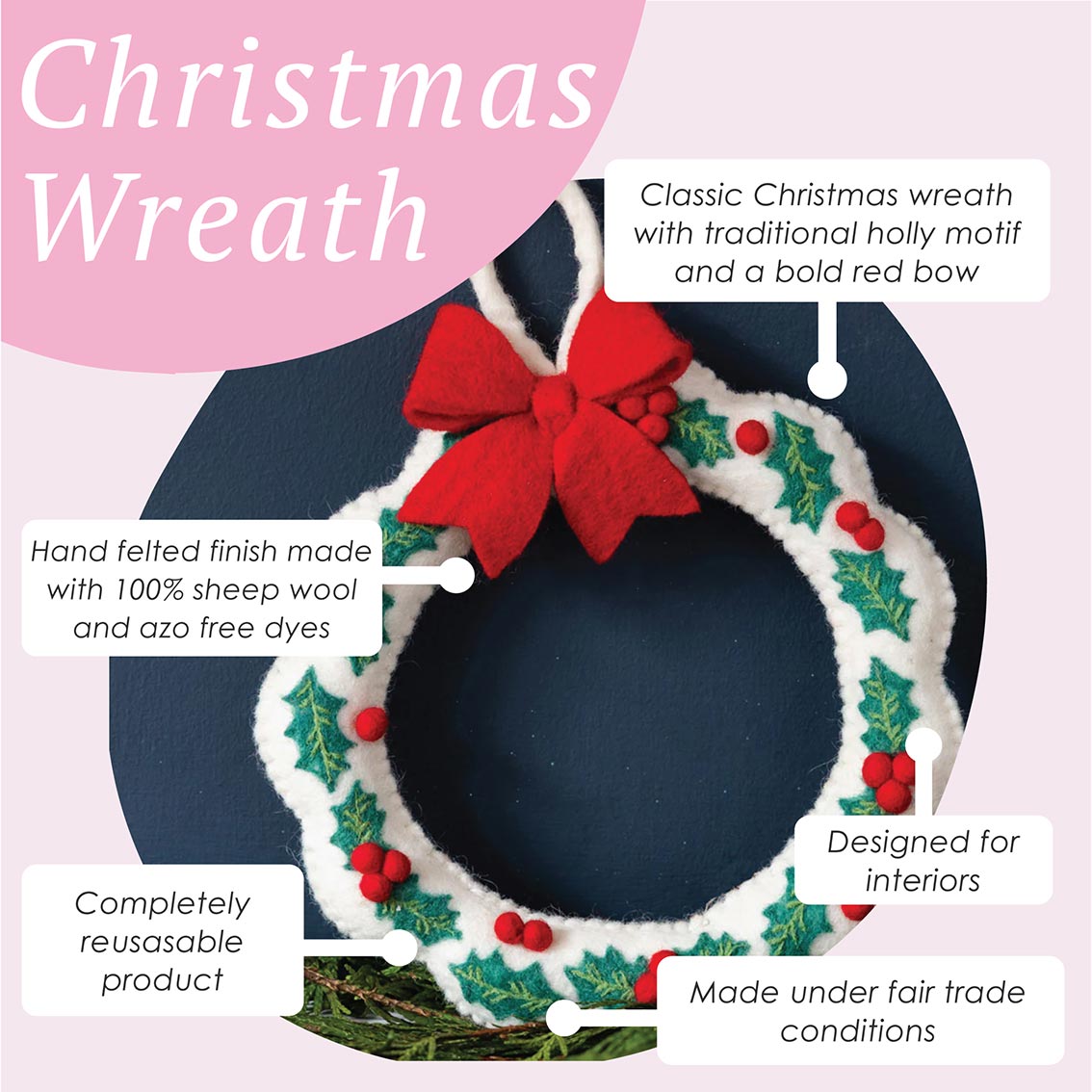 Holly Felt Christmas Wreath - 22cm