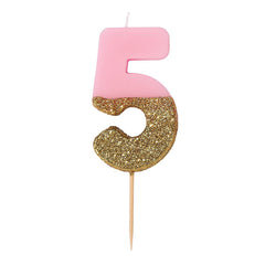Pink & Gold Glitter Birthday Number Candle - 5