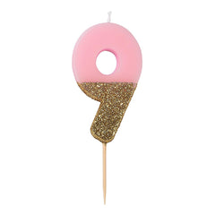 Pink & Gold Glitter Birthday Number Candle - 9