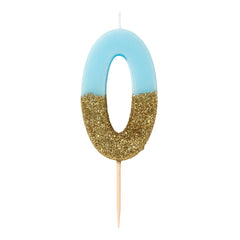 Blue & Gold Glitter Birthday Number Candle - 0