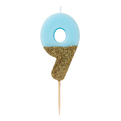 Blue & Gold Glitter Birthday Number Candle - 9