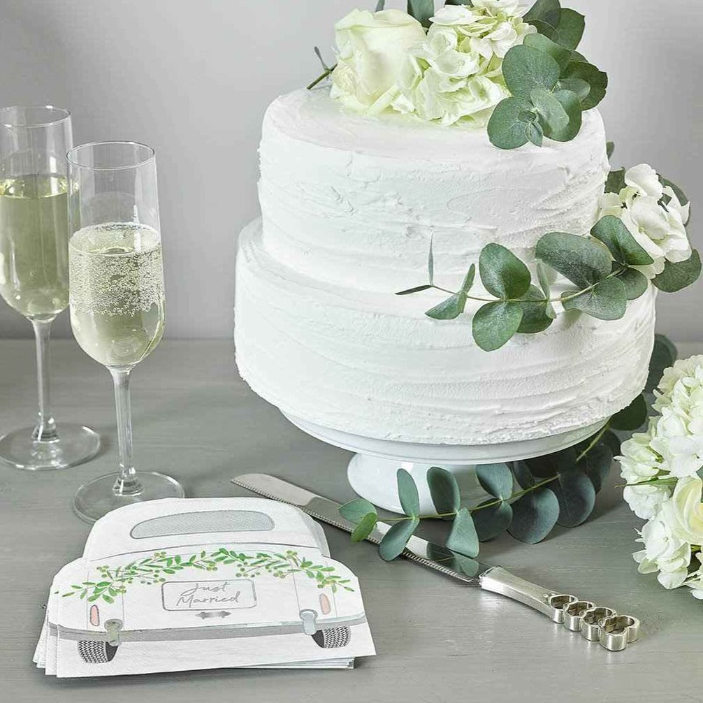 Just Married' Wedding Car Shaped Paper Napkins - 20 Pack