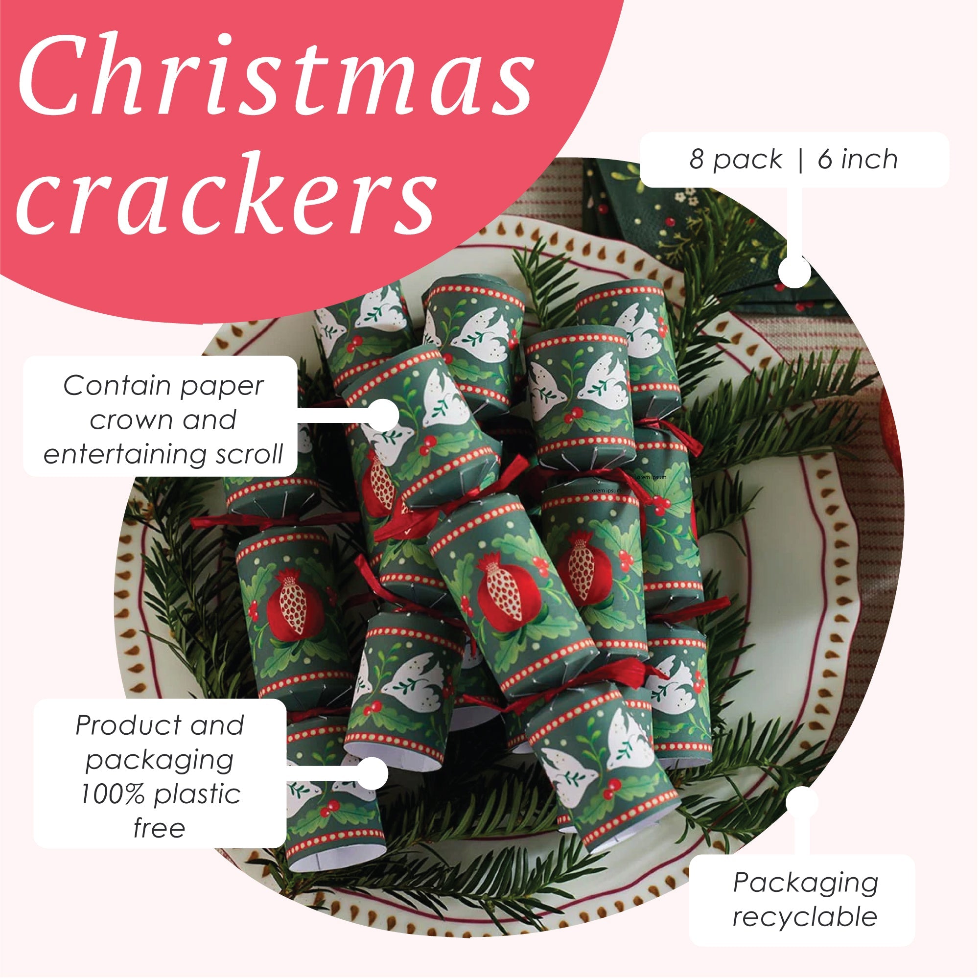 Folklore Green Mini Christmas Crackers - 8 Pack