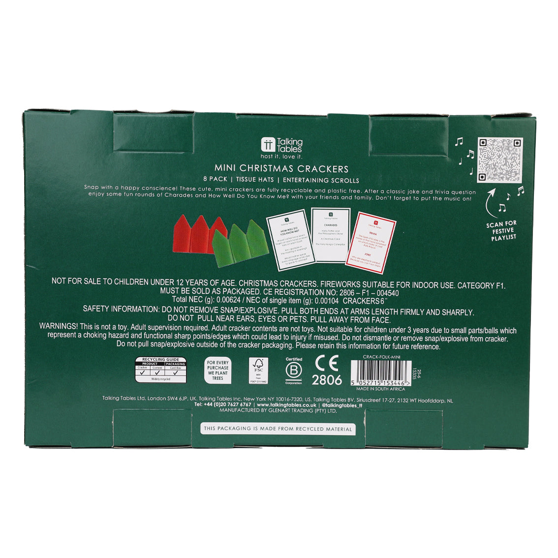 Folklore Green Mini Christmas Crackers - 8 Pack
