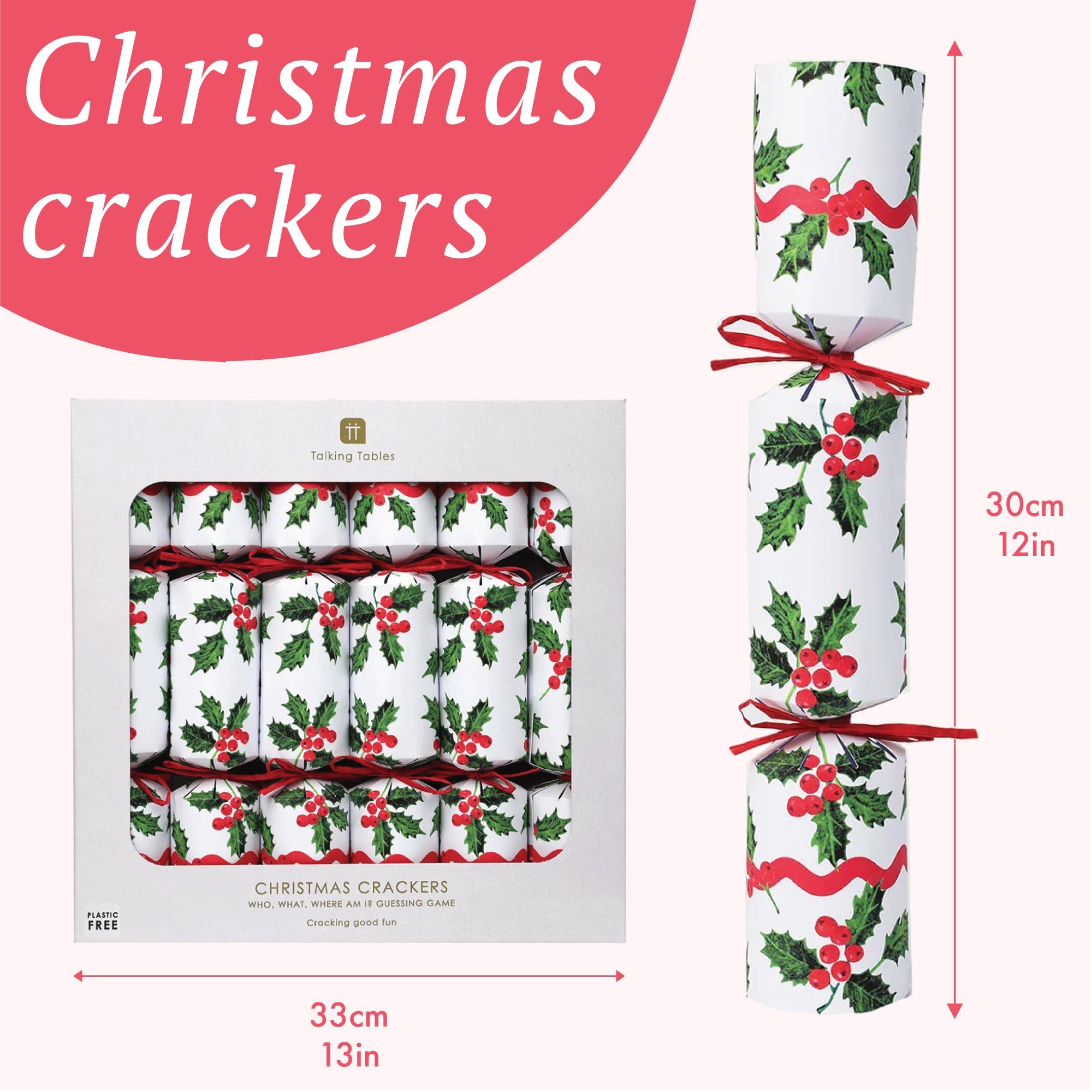 Holly White Christmas Crackers - 6 Pack