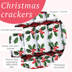 Holly White Christmas Crackers - 12 Pack