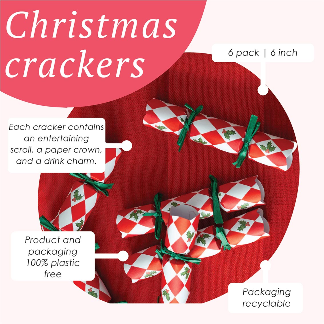 Holly Red & White Harlequin Mini Christmas Crackers - 6 Pack