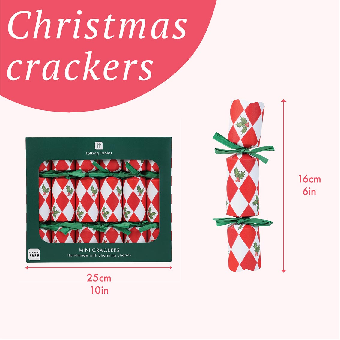 Holly Red & White Harlequin Mini Christmas Crackers - 6 Pack