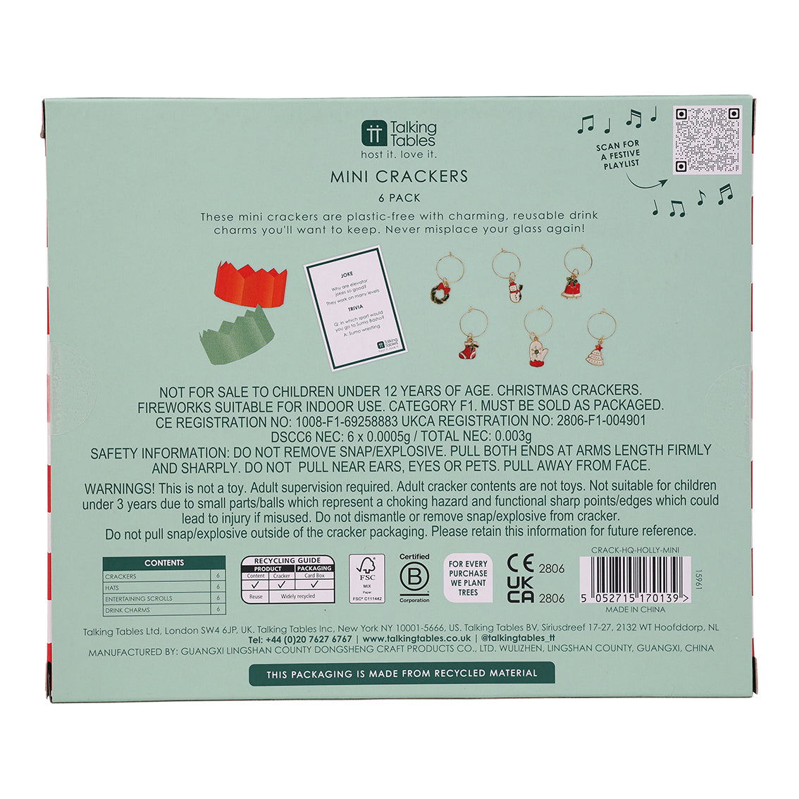Holly Red & White Harlequin Mini Christmas Crackers - 6 Pack