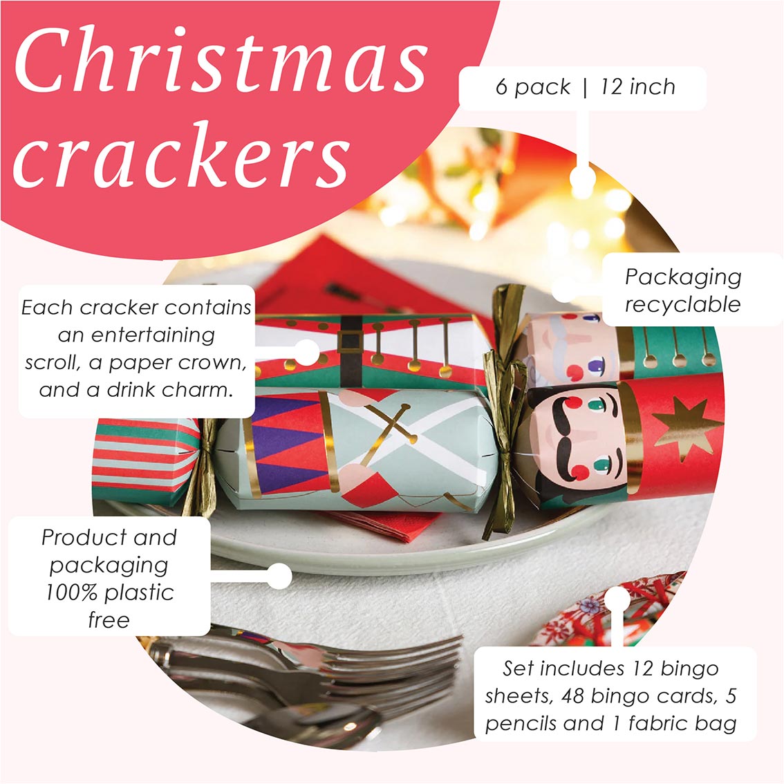 Nutcracker 3 Design Christmas Crackers - 6 Pack