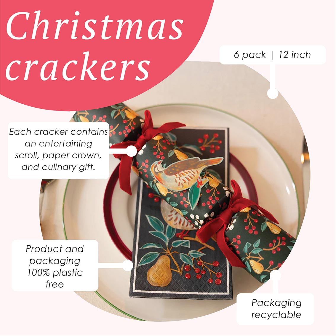 Partridge & Pear Christmas Crackers - 6 Pack