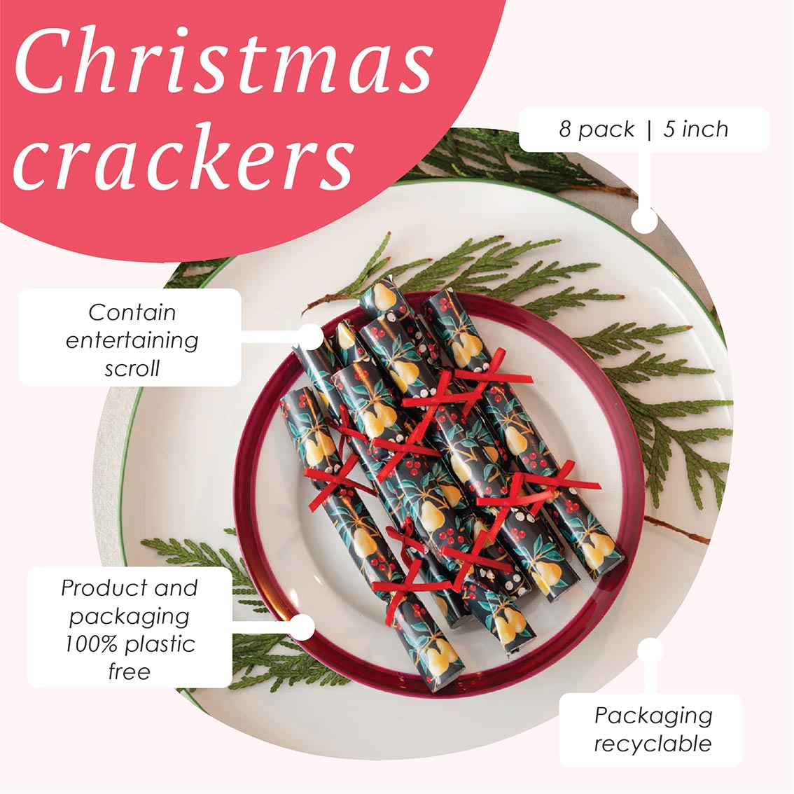Partridge & Pear Christmas Saucer Crackers - 8 Pack