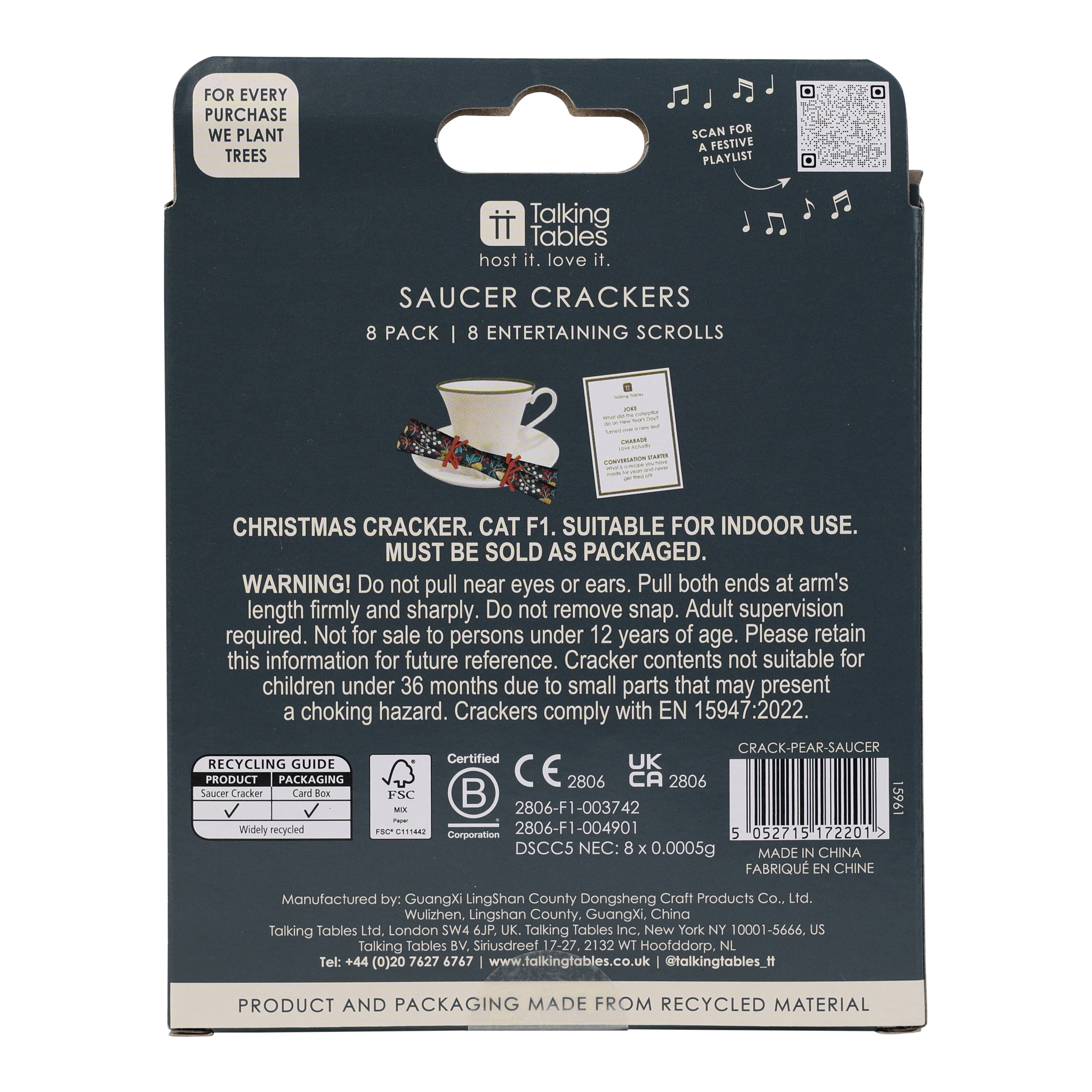Partridge & Pear Christmas Saucer Crackers - 8 Pack