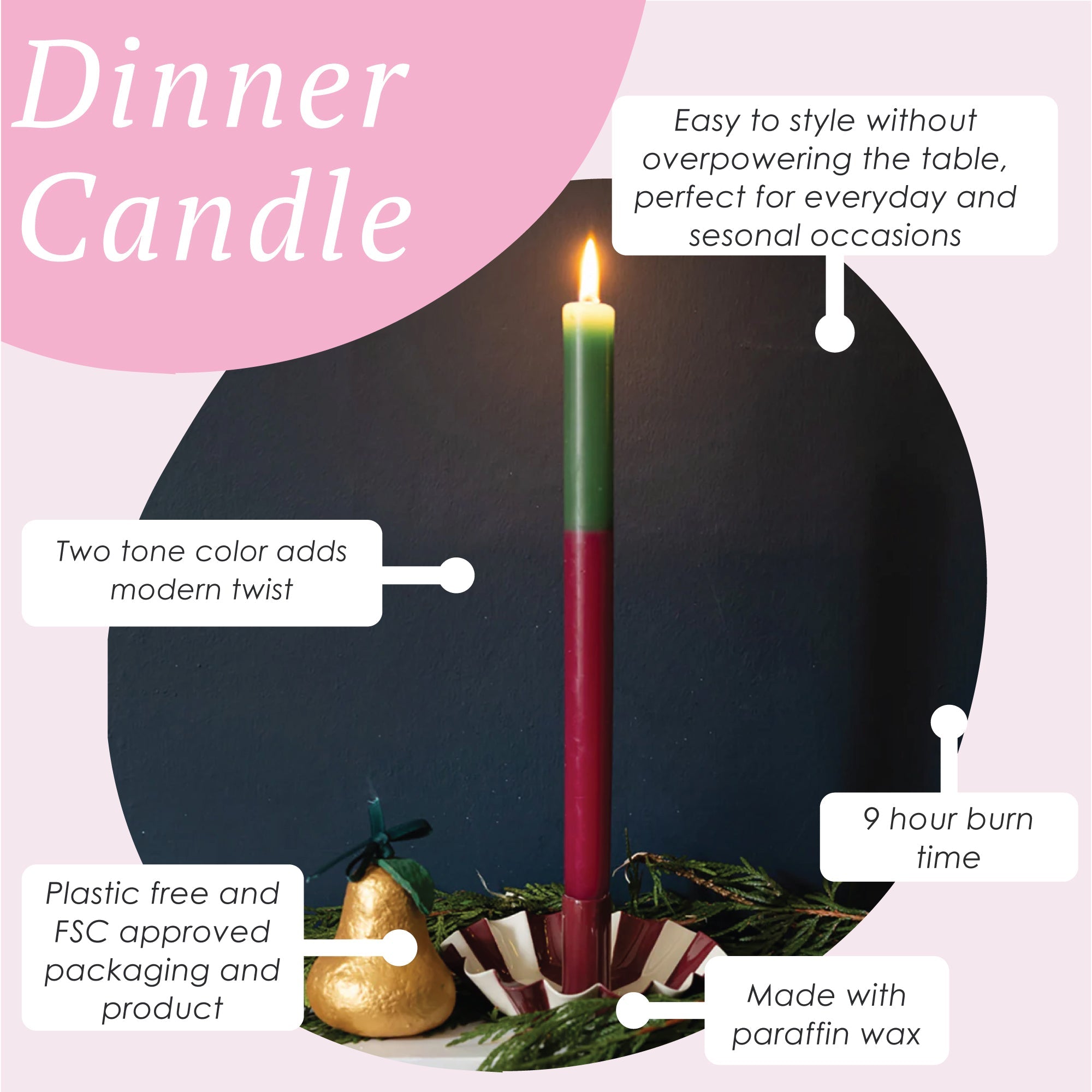 Green & Burgundy Straight Dinner Candle