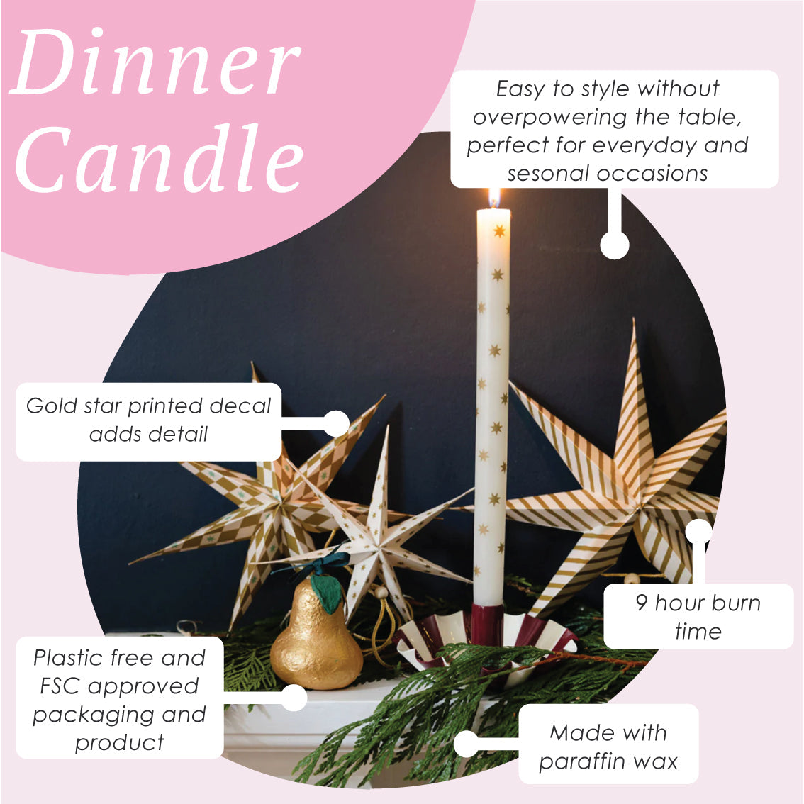 Gold Stars Straight Dinner Candle