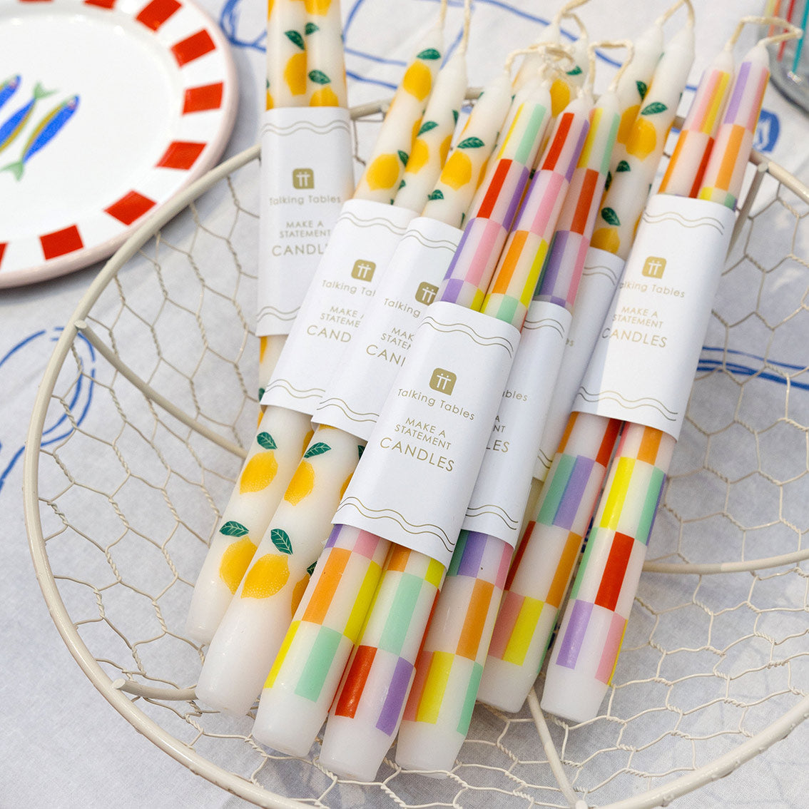 Multi Coloured Check Taper Dinner Candles - 2 Pack