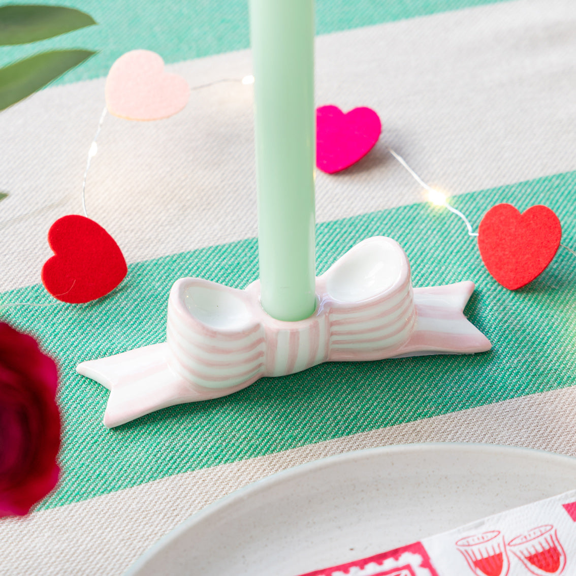 Hand-Painted Pink Bow Ceramic Candle Holder