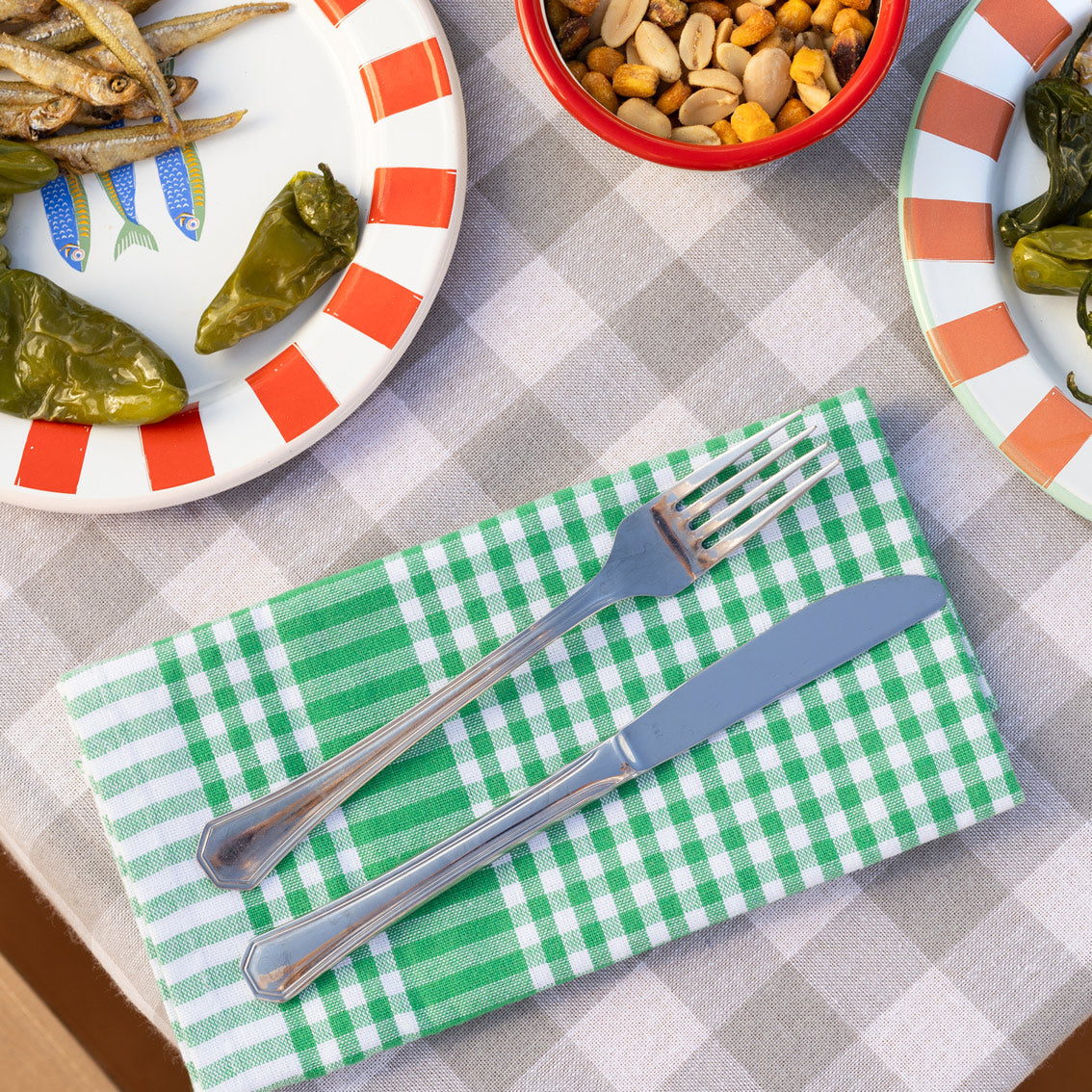 Green & White Fabric Gingham Napkins/Tea Towels - 4 Pack