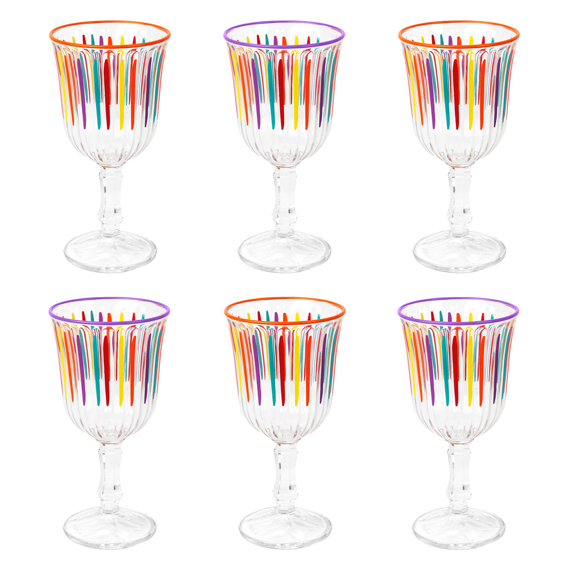 Bright Striped Multi-Coloured Wine Glasses - 6 Pack