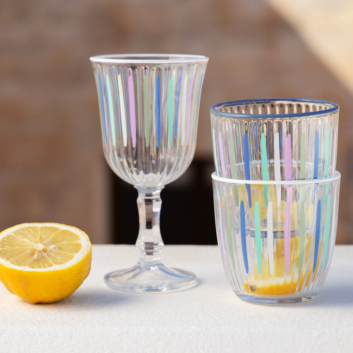 Blue & White Stripe Glass Tumblers - 6 Pack