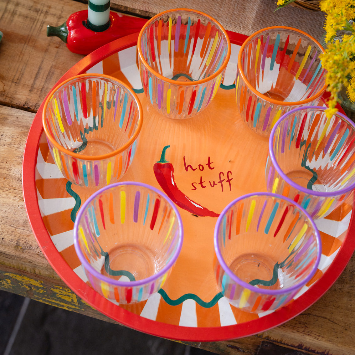Bright Striped Multi-Coloured Glass Tumblers - 6 Pack