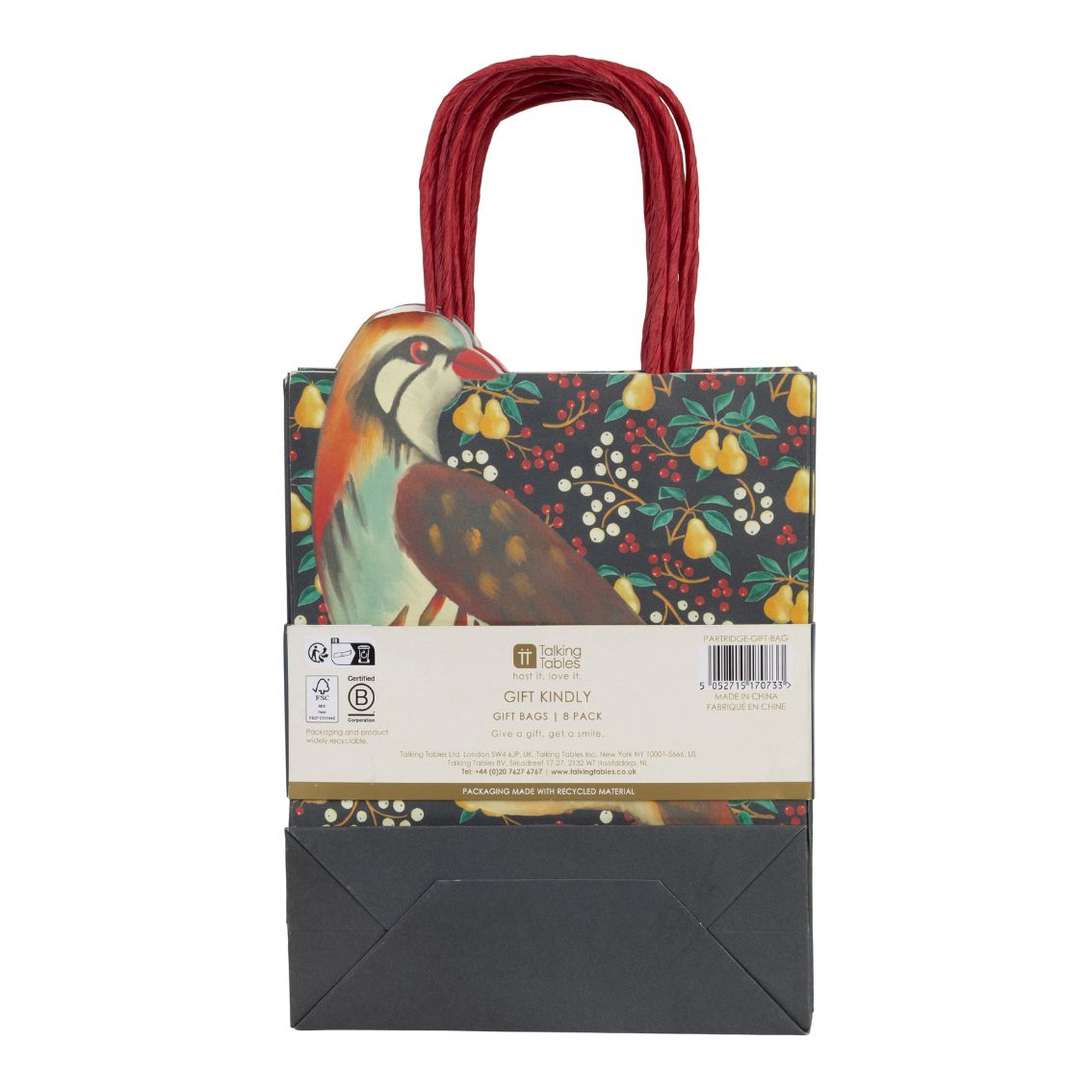 Partridge & Pear Christmas Paper Gift Bags - 8 Pack