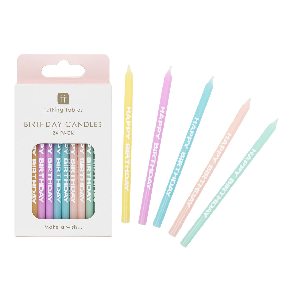 Pastel Printed 'Happy Birthday' Candles - 24 Pack
