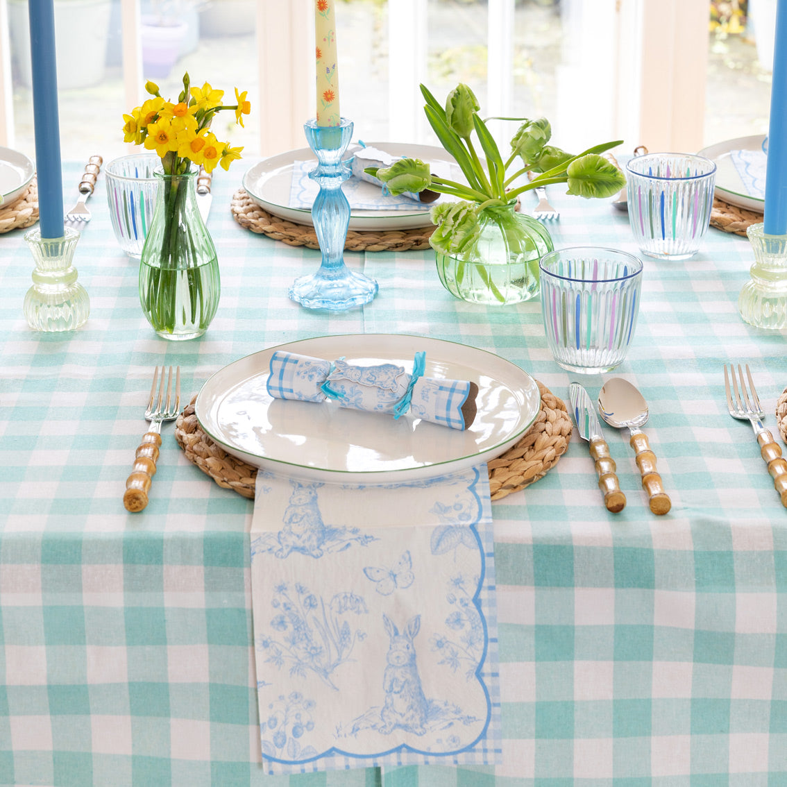 Mint Green & White Gingham Fabric Tablecloth