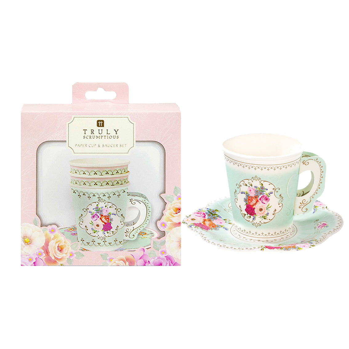 Mint Green Floral Paper Teacup & Saucer set - 12 pack