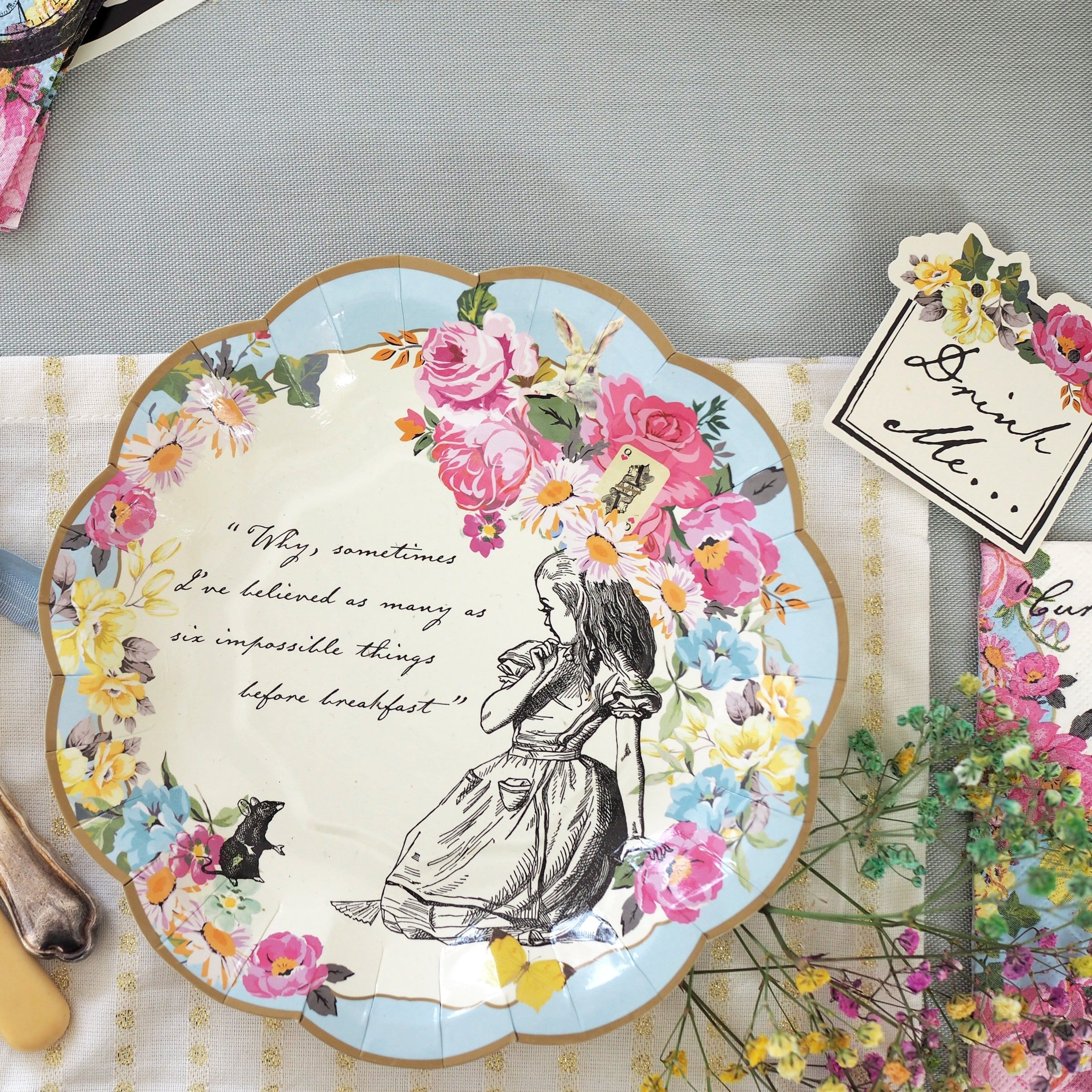 Alice in Wonderland Illustrated Paper Plates - 12 Pack